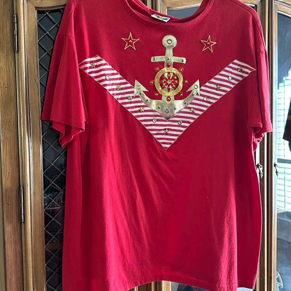 Nautical Women’s Beautiful Top in Red & Gold Metallic One Size Fits All